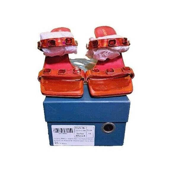 Vivianly Women's Square Open Toe Mid Block Heeled Sandals Red Rhinestone 10 - Picture 4 of 6